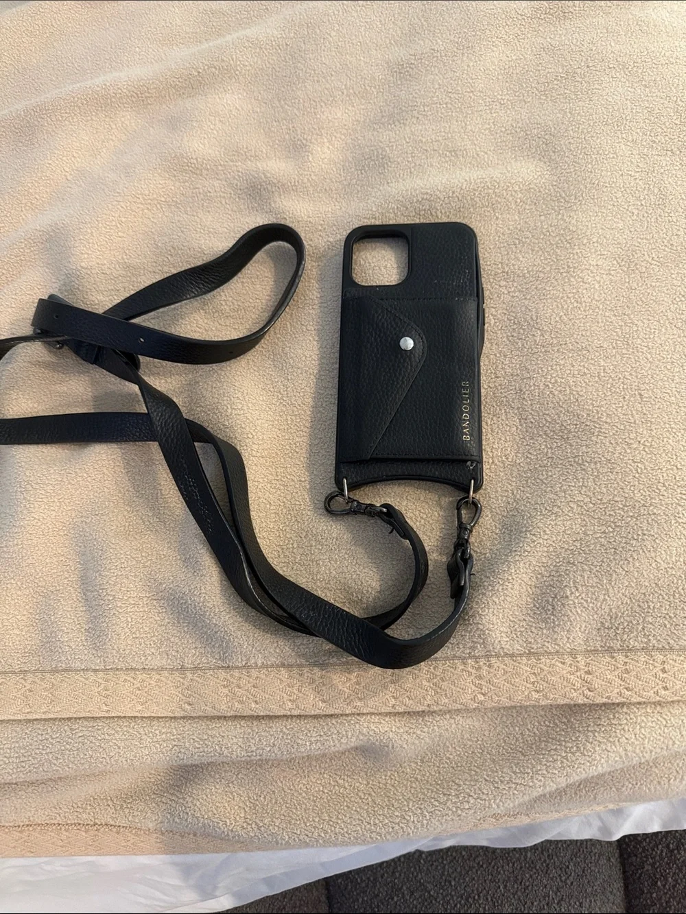 Bandolier Black Leather Crossbody Phone Case with Card Pocket
